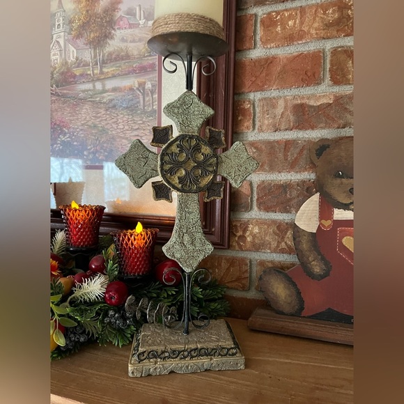 Rare Vintage 1989 Large Stone Rock Cross Candle Holder - Picture 5 of 7